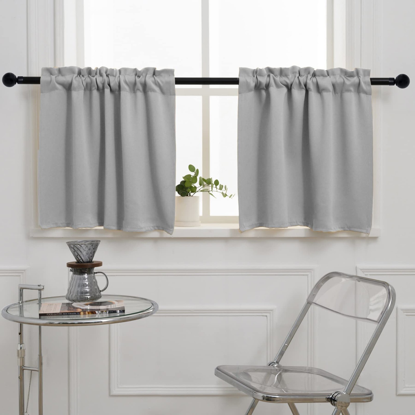 Light Grey Cafe Curtain (Half Window) 24 Inches Length, Rod Pocket Small Kitc…