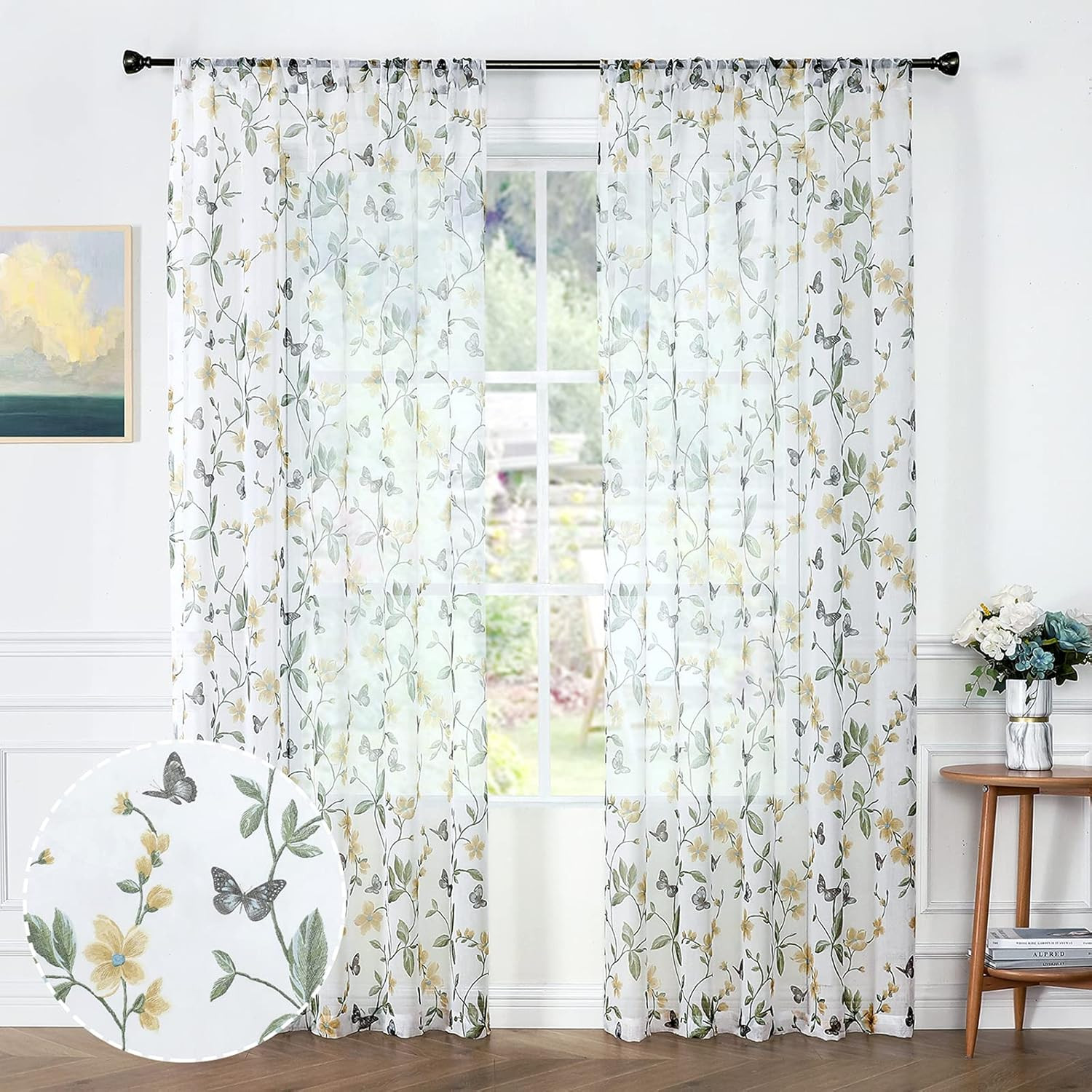 Sheer Floral Tier Curtain Yellow Flower Butterfly Printed Half Window Curtains R
