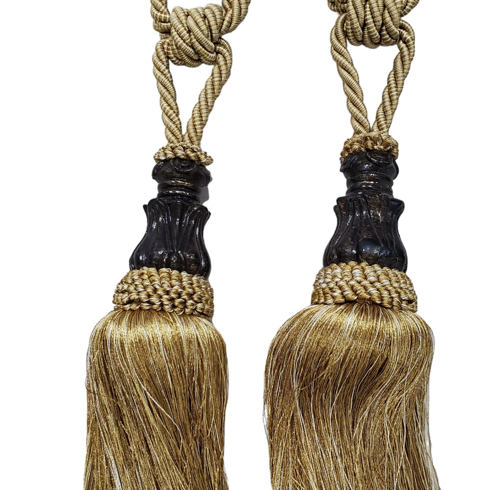 4 Large Drapery Tie Backs Tassel Twist Rope Gold Cord Brown Resin Luxury 30in