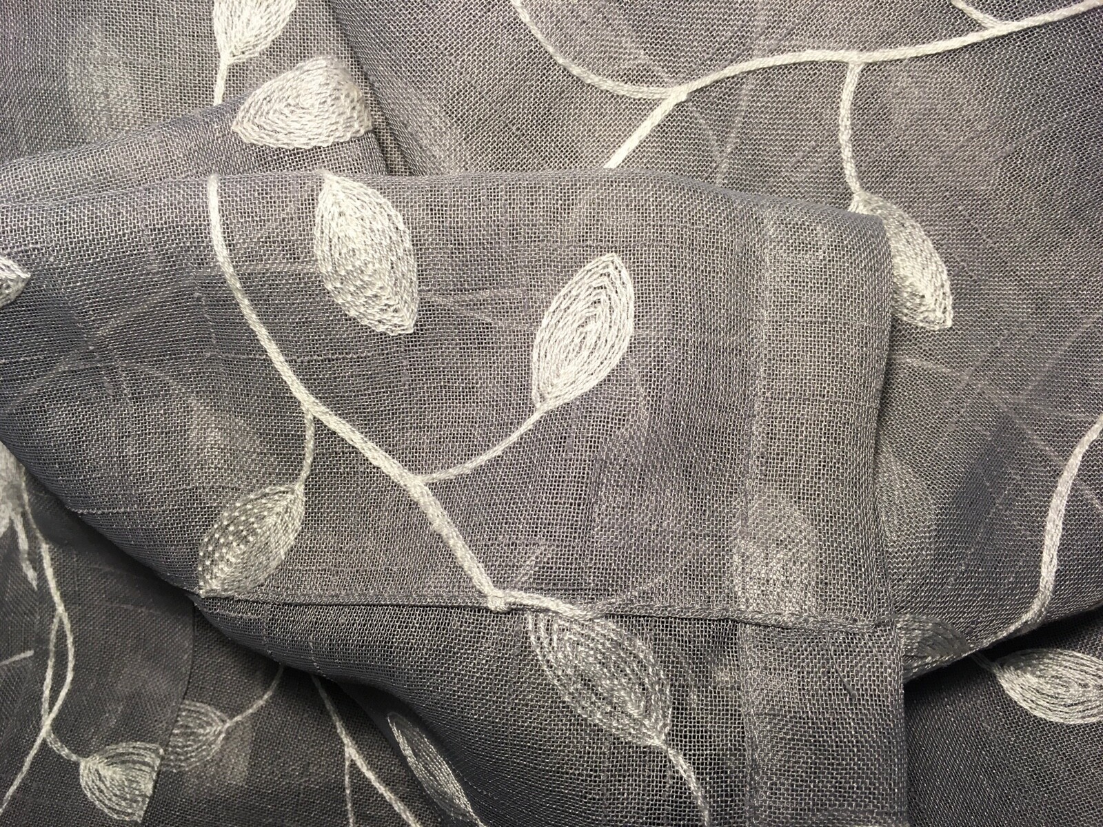 Embroidered White Leafy Vines on Gray Sliding Glass Door Window Panels 104 x 84”
