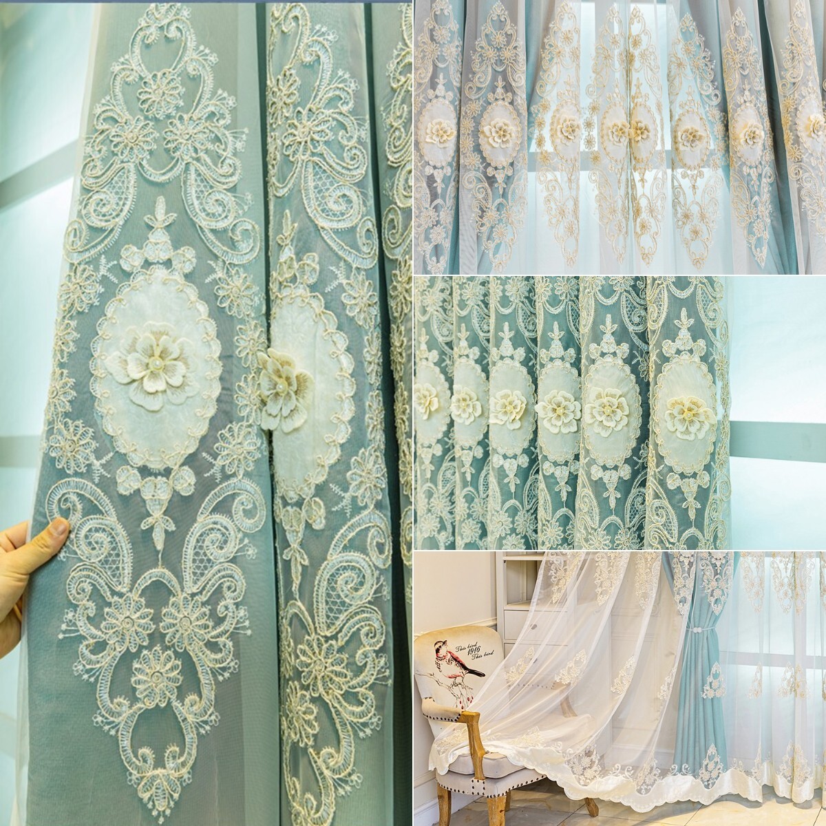 1 Panel Blackout Curtain Double Layer Window Tulle Drape Valance 3D Flower Home