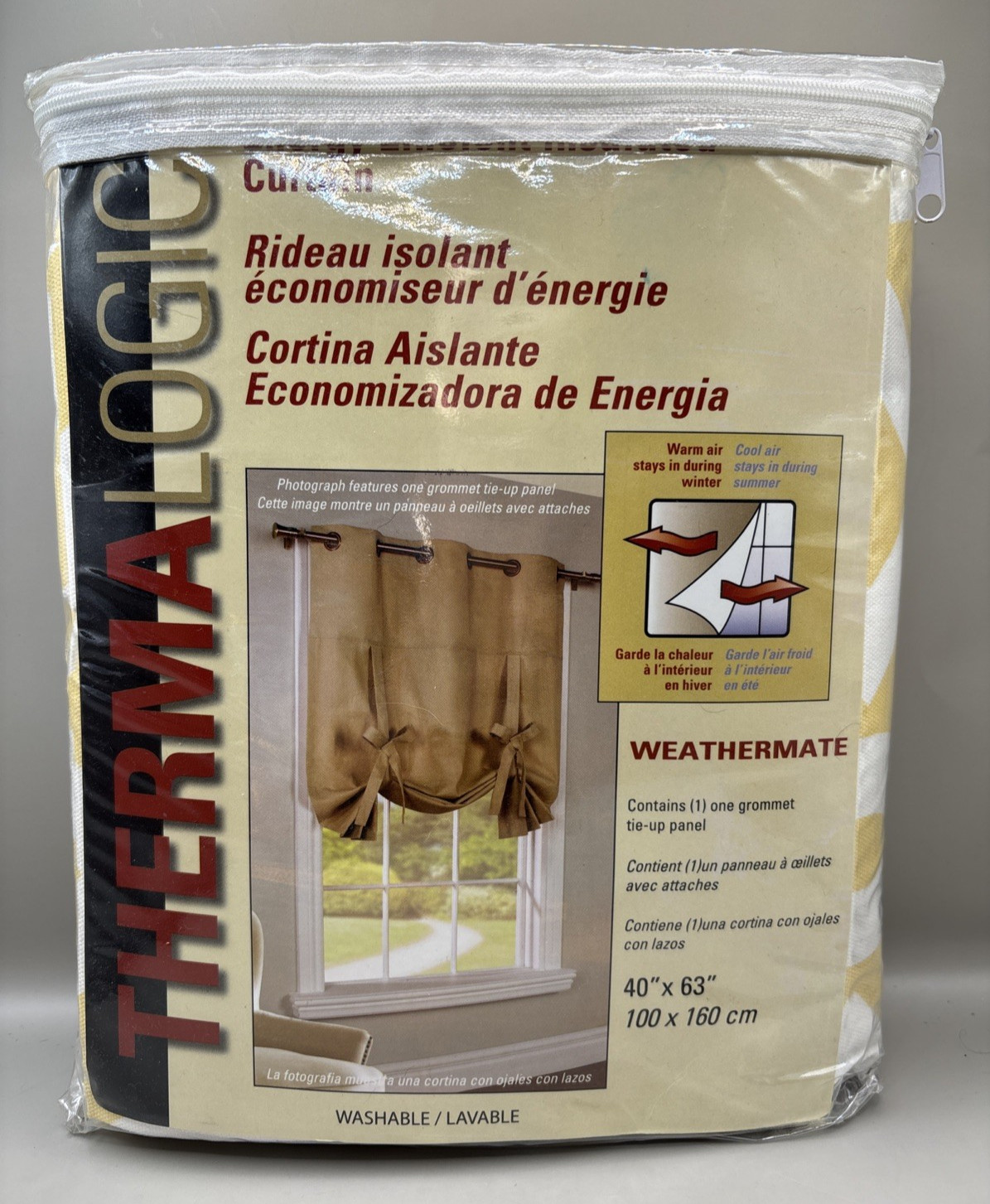 One ThermaLogic Weathermate Insulated Tie Up Curtain Panels 40 x 63 Yellow White
