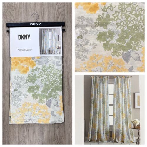 DKNY 50 x 96 Floral Fields Rod Pocket Cotton Curtains Yellow Green Gray Flowers