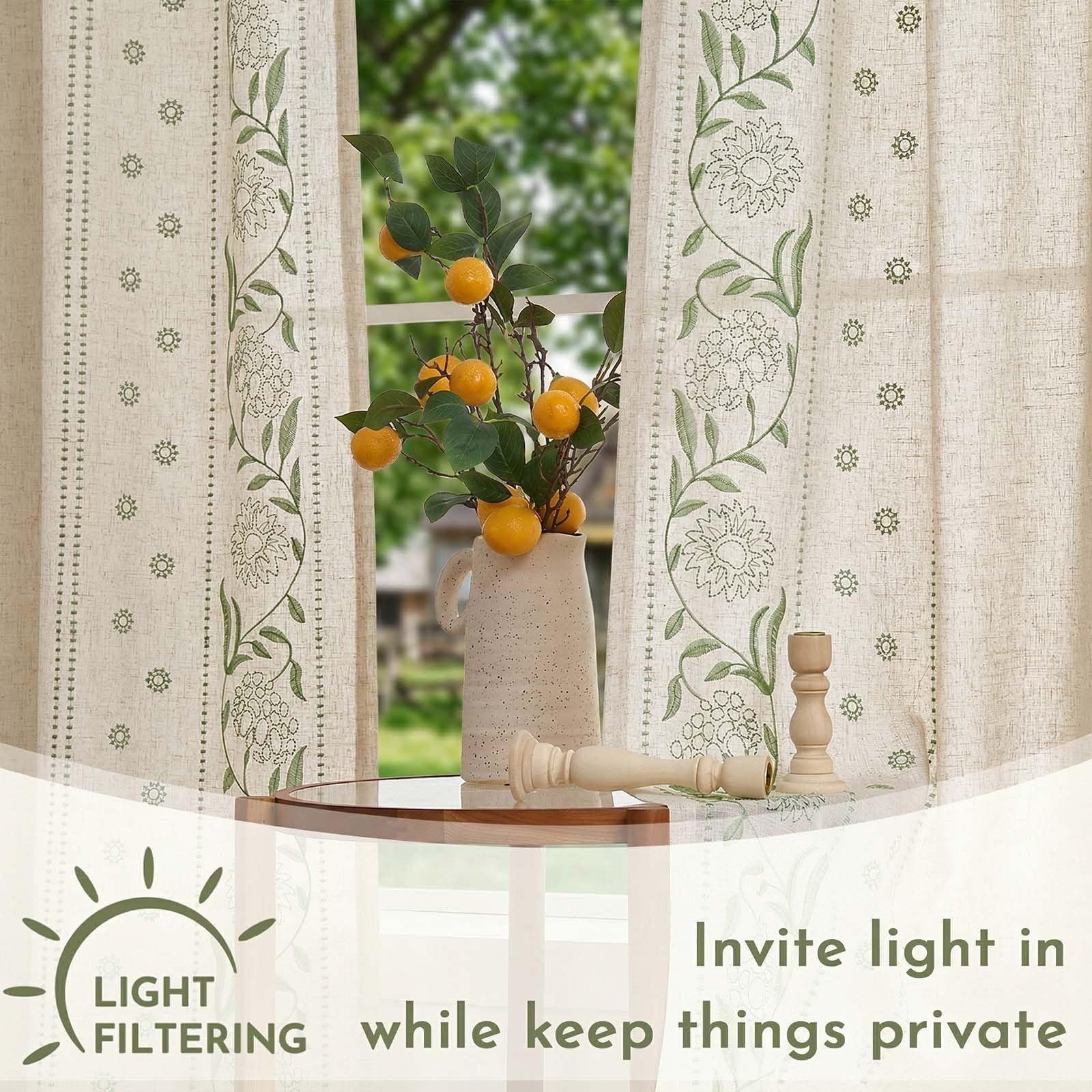 Linen Curtains for Living Room Bedroom 63 Inches Length Embroidered Floral Cu…
