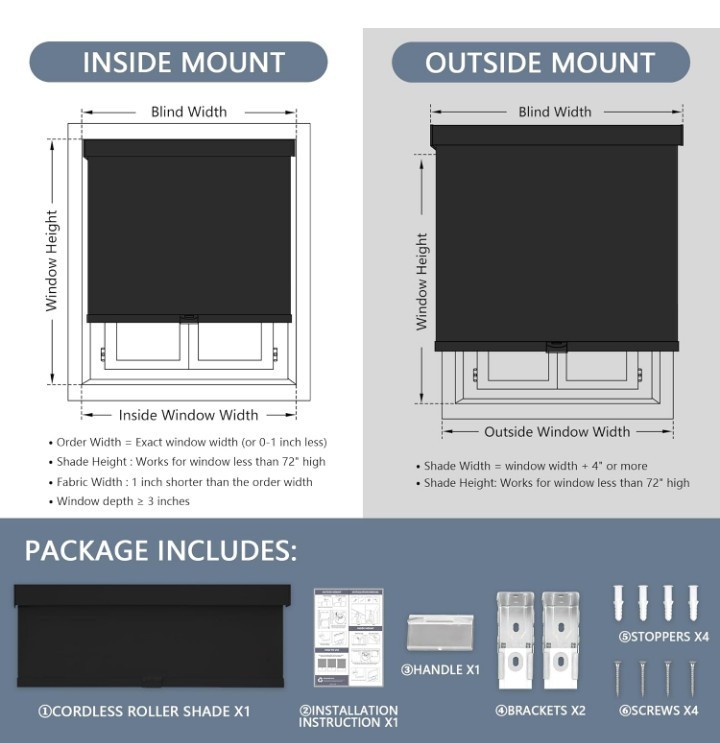 AOSKY Cordless Roller Shades Blackout Blinds (48″ W x72″ H, Black)