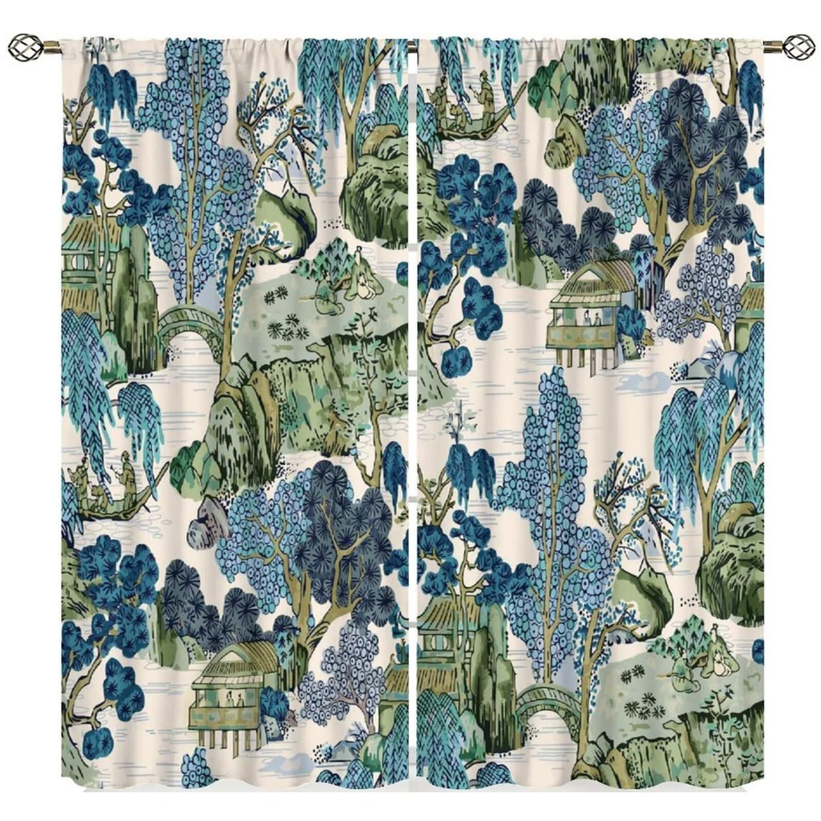 Chinoiserie Curtains,Mountain Landscape Window Treatments for Bedroom Kitchen…