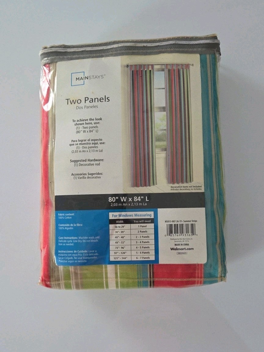 NOS Mainstays Two Panels Window Treatment Chino Summer Stripe 80X84 Boho Hippie