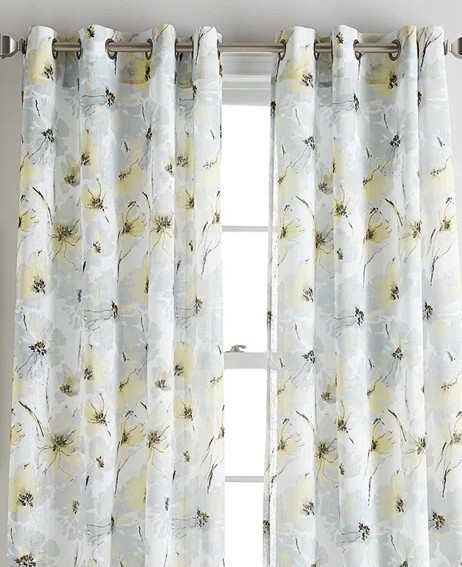 DKNY Modern Bloom Curtain Panel 50×95 Yellow Gray Floral Grommet New 1 Panel
