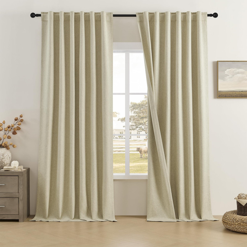 Dualife Oatmeal Chartreuse Curtains 102 Length 2 Panels Faux Linen Blackout