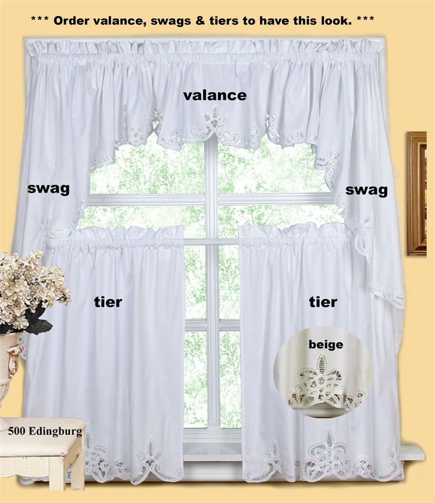 Batteburg Kitchen Curtain Valance Tier Swag Beige White