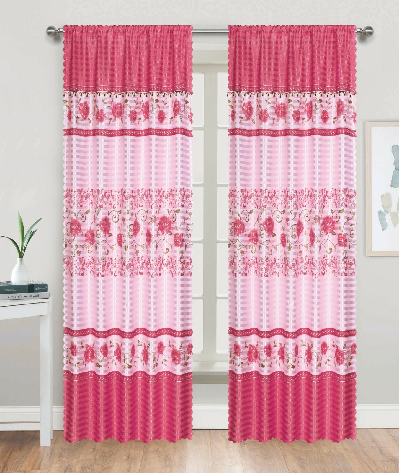 Silky Satin Rose Rod Pocket Window Curtain Panel Drape, 81031