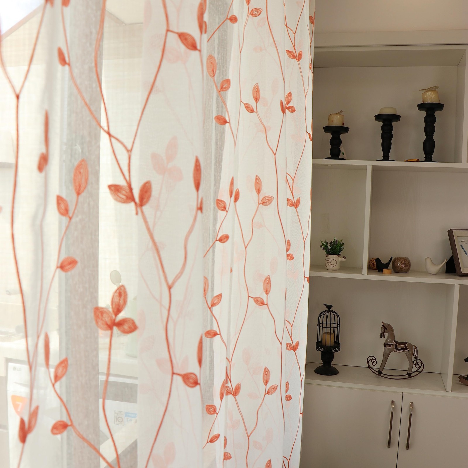 2 Panels Pink Embroidered Leaves Sheer Curtain Faux Linen Semi Sheer Voile Wi…