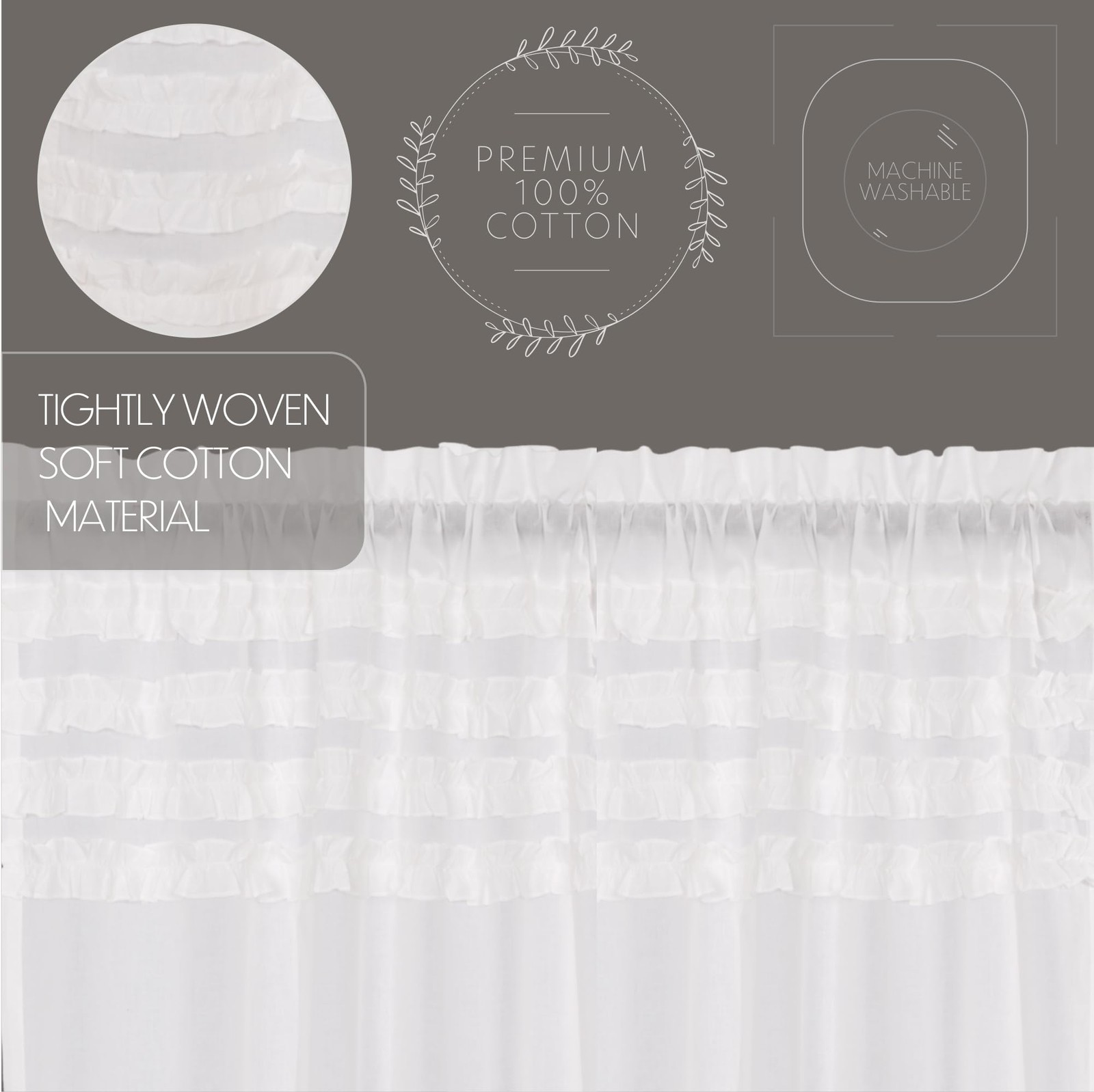 Farmhouse 63x36x18 Prairie Panel Pair White Rod Window Curtains