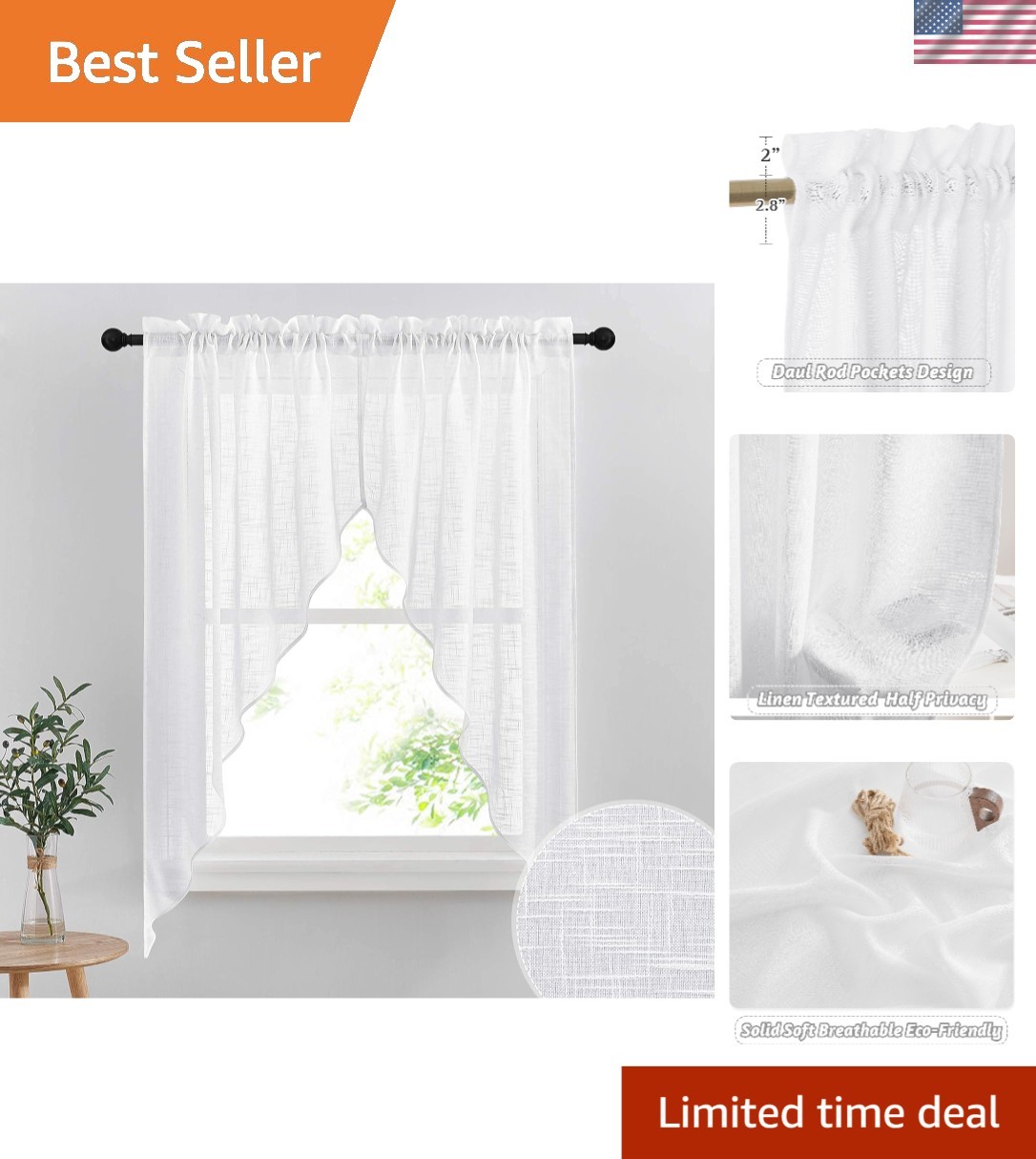 Machine Washable White Semi-Sheer Curtain Valance – 36″W x 63″L, 2 Panels