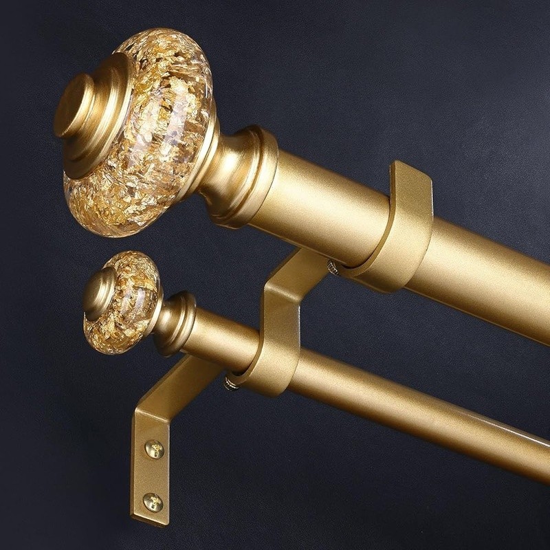Double Curtain Rod Adjustable Heavy Duty Metal Drapery Rods W/ Crystal Finials