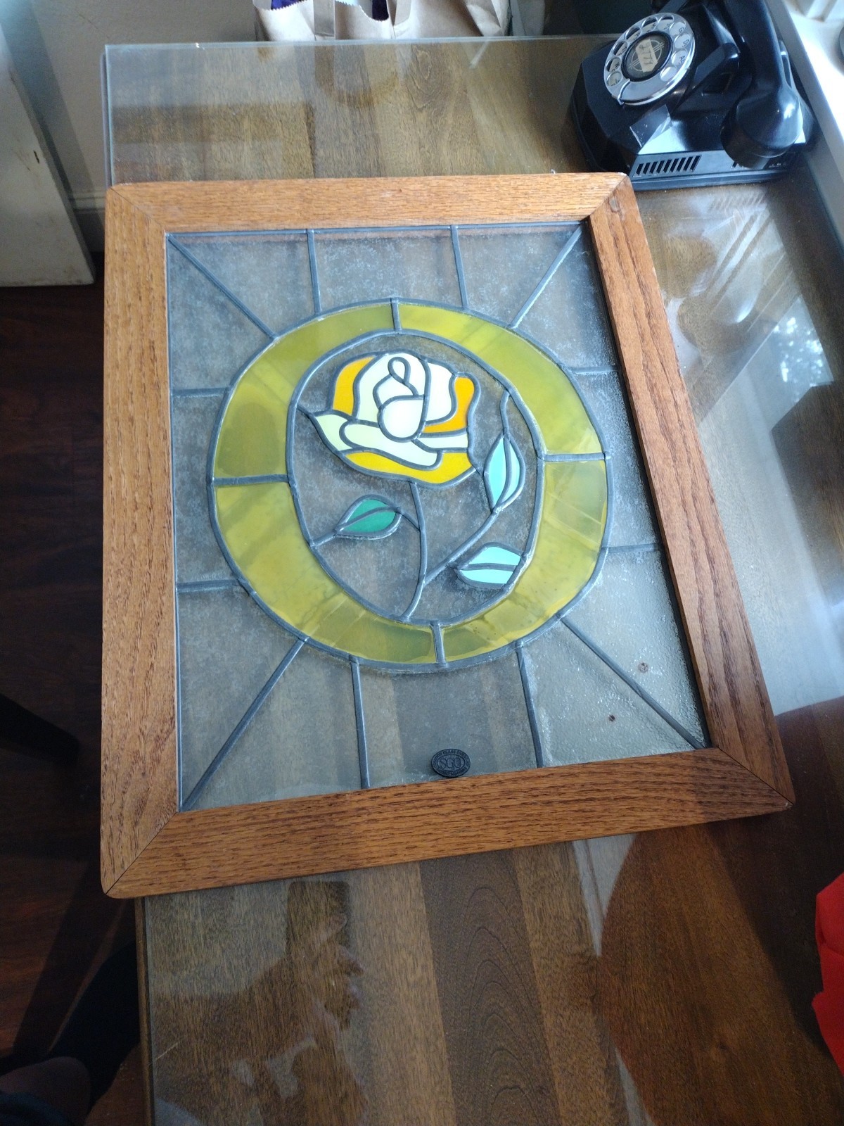 Stained Glass Yellow Rose Big O Suncatcher Window Art Decor 21″x17.25″ Vintage