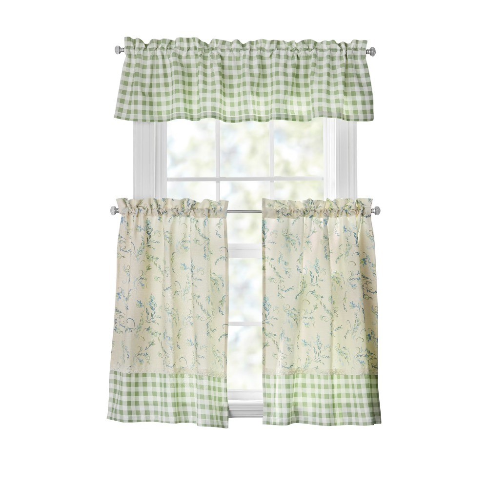 Sweet Sprigs 3 Piece Tier Set, Sage, Recycled Polyester BCI Cotton, 60″W x