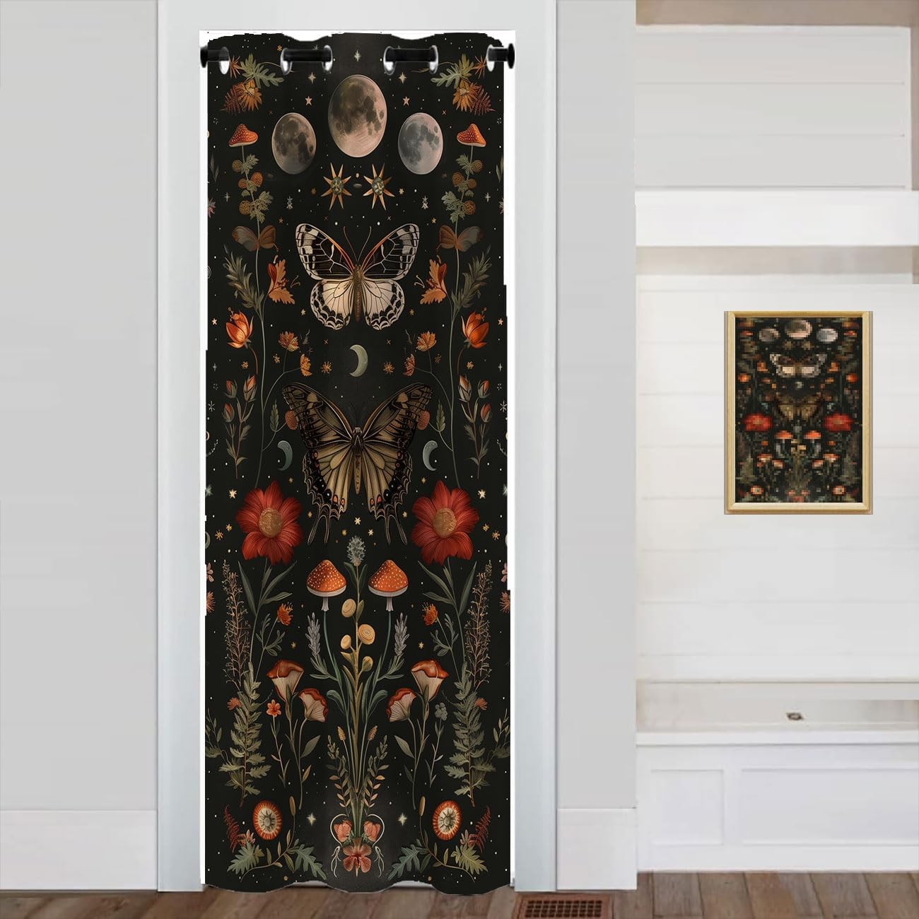 Moth Butterfly Door Curtain for Doorway, Mushroom Moon Phase Boho Flowers Closet