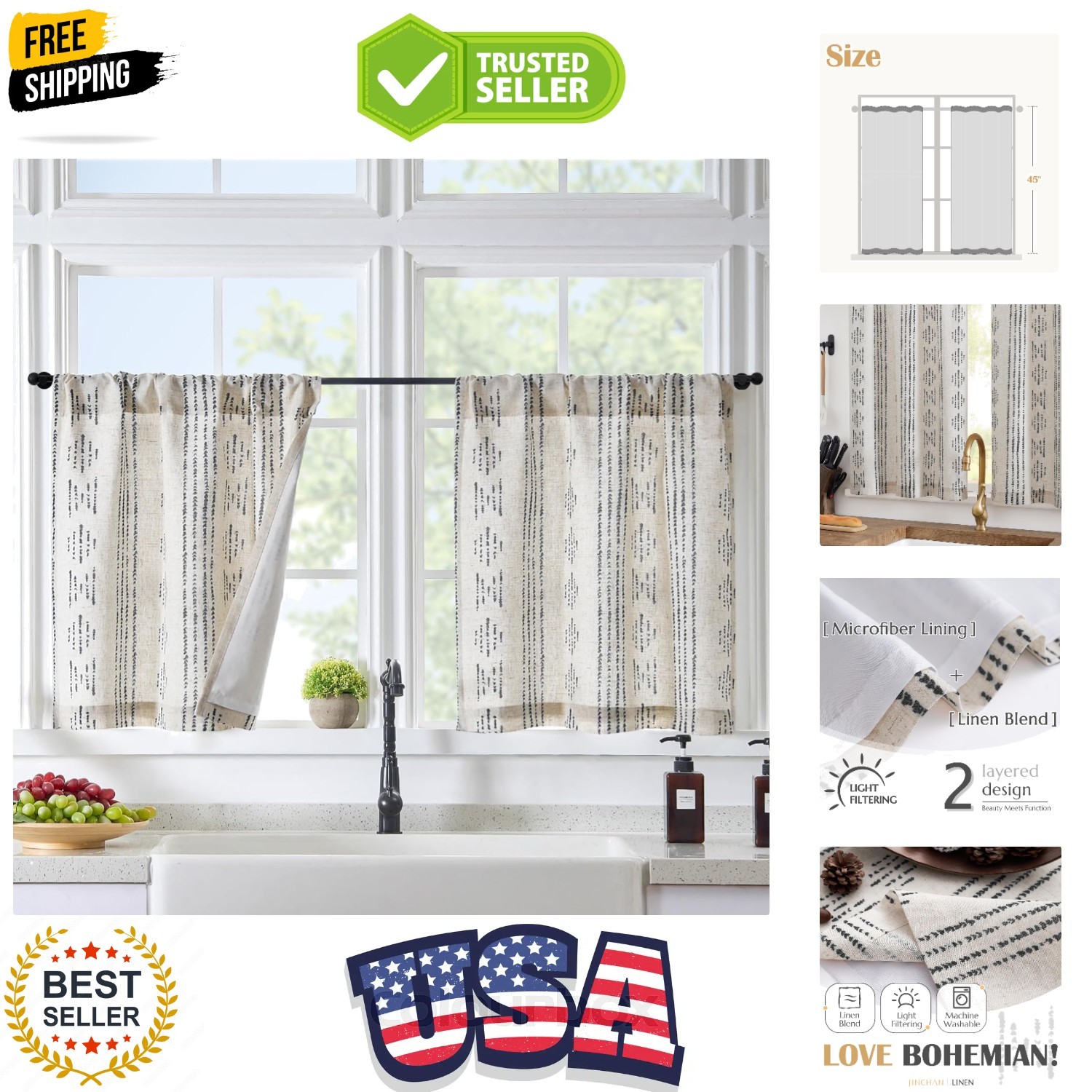 Boho Linen Kitchen Curtains 45 Inch Bohemian Geometric Striped Small Window C…