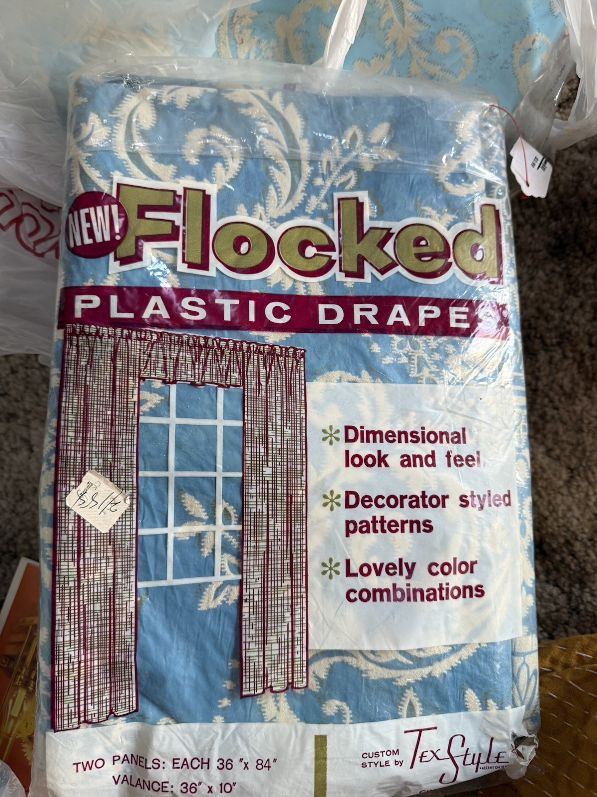 NEW 4 Panel Vintage Mid Century Modern Flocked Blue Damask Plastic Curtains