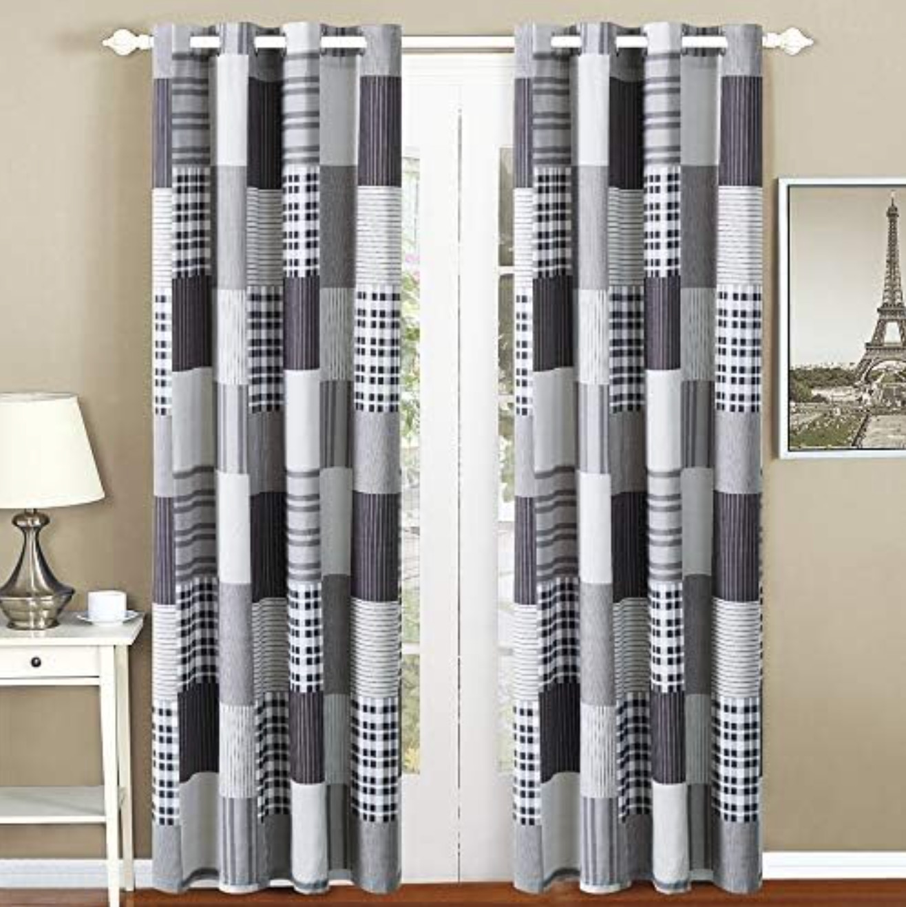 Set 2 Black Gray White Plaid Patchwork Curtains Panels Drapes Pair 84 in Grommet