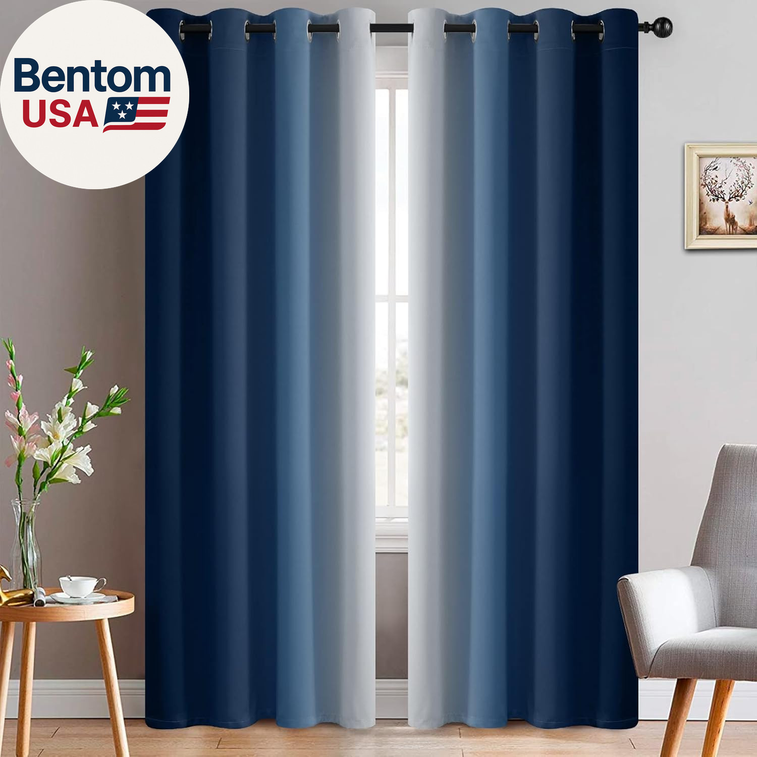 Blue and Greyish White Ombre Curtains, Room Darkening Gradient Color Curtains fo