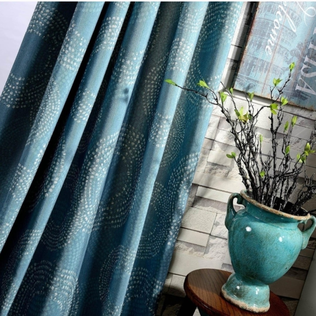 Teal Blue Patterned Curtains – 96″ L X 52″ W – Boho Circles Style – Grommet