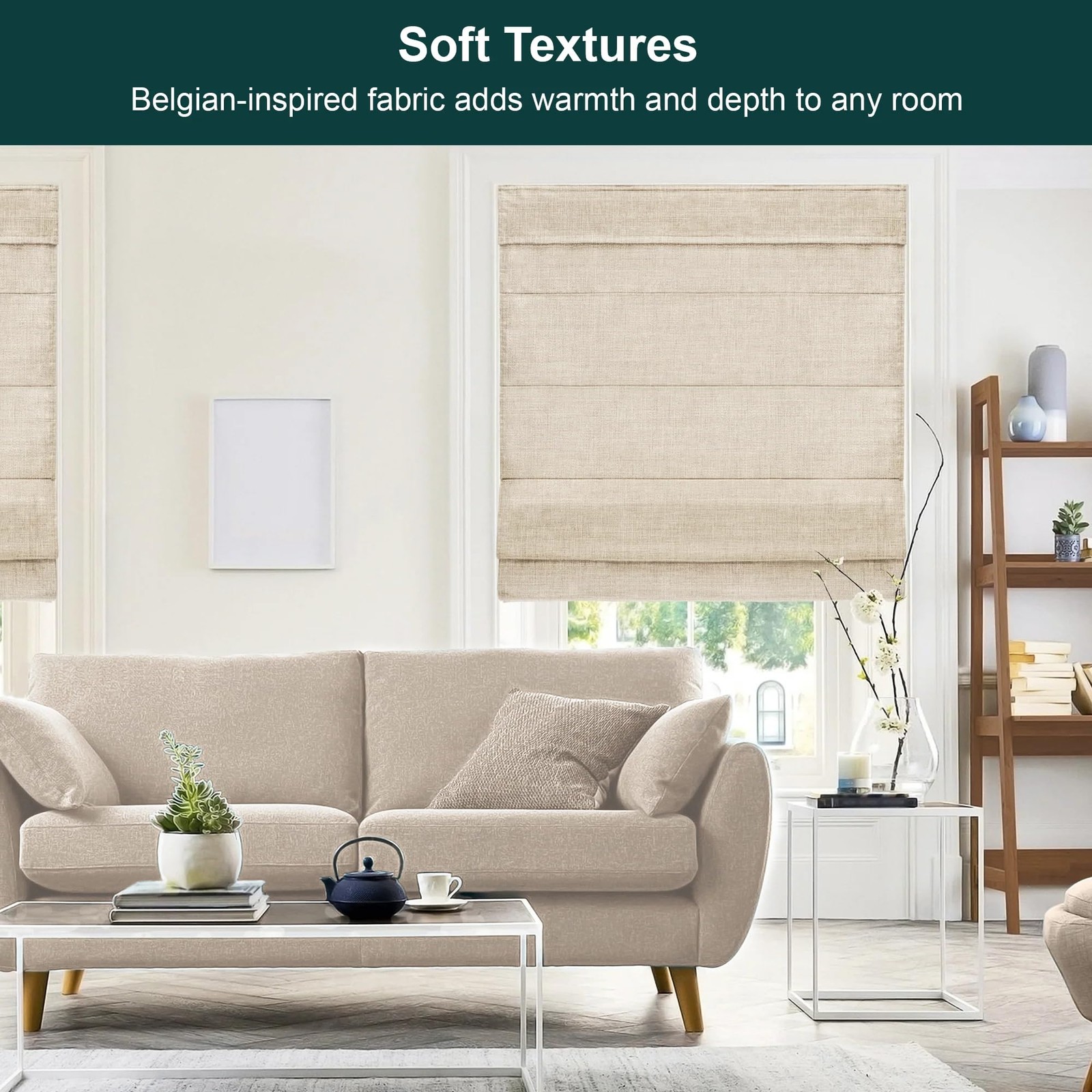 Chicology Cordless Roman Window Shade, Belgian 34″W x 64″H, Flax