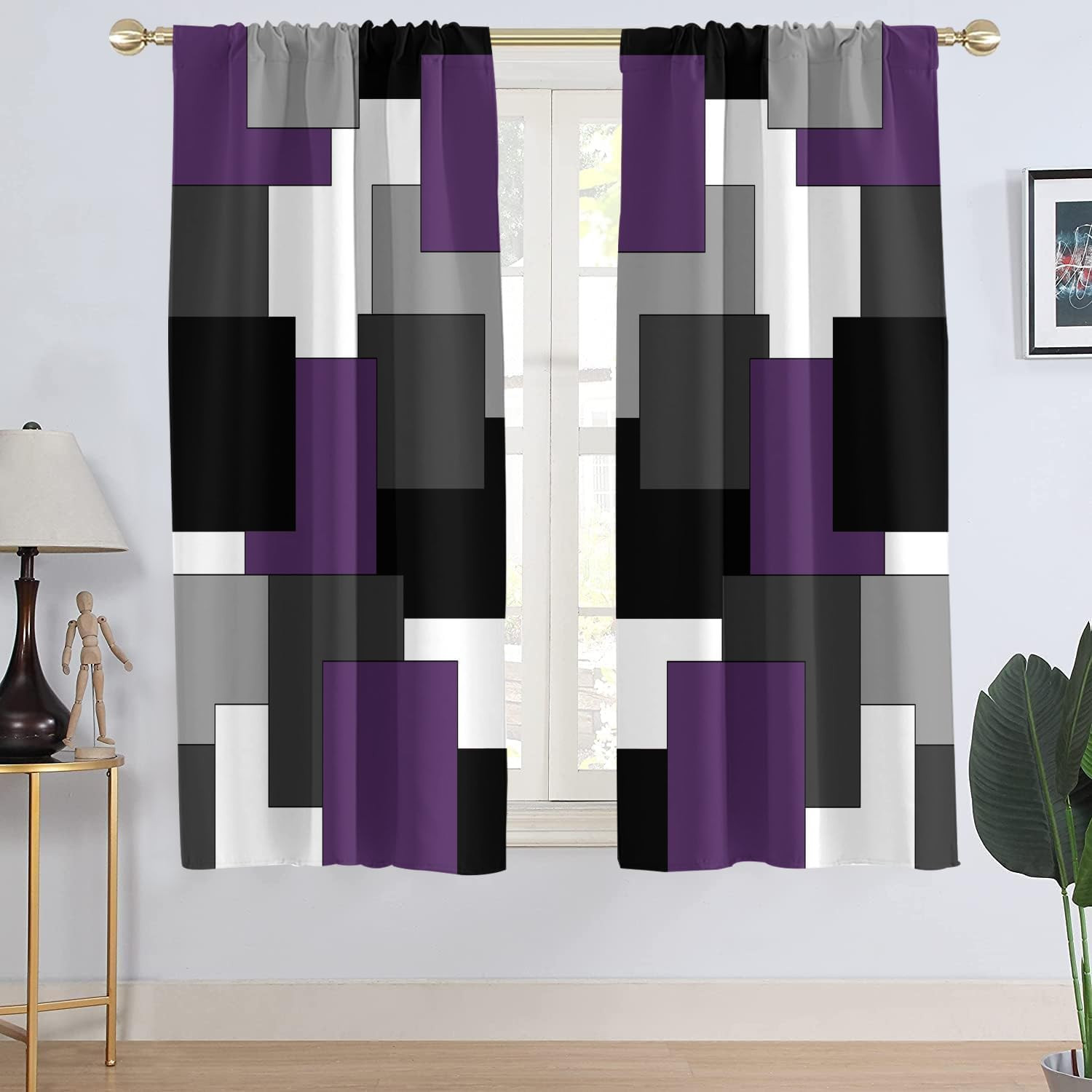Purple and Black Window Curtain Grey Gray White Geometric Abstract Women Girls M