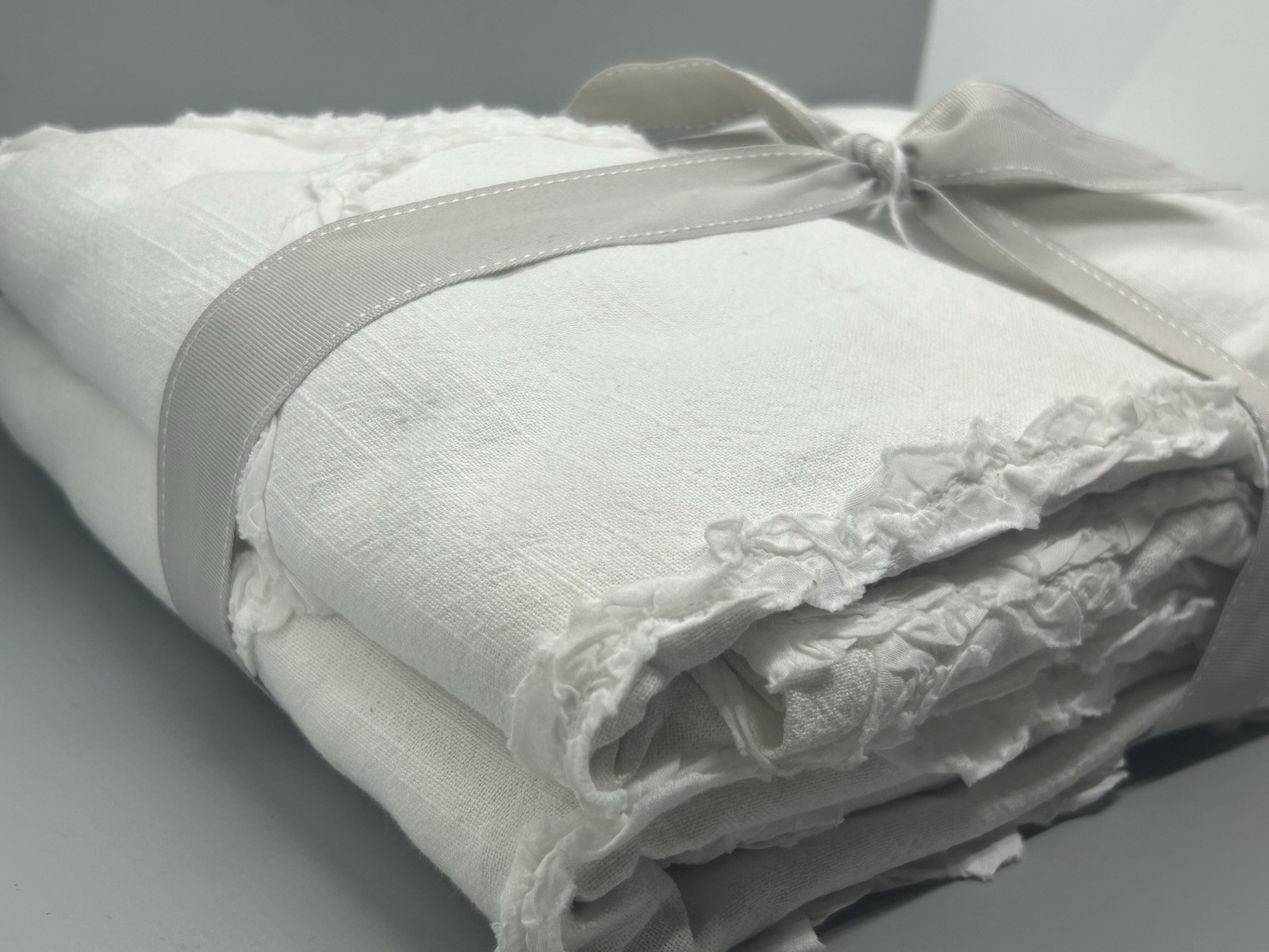 Pottery Barn Casual Ruffle Applique Curtain, Blackout, White 44”x 84” Boho Linen