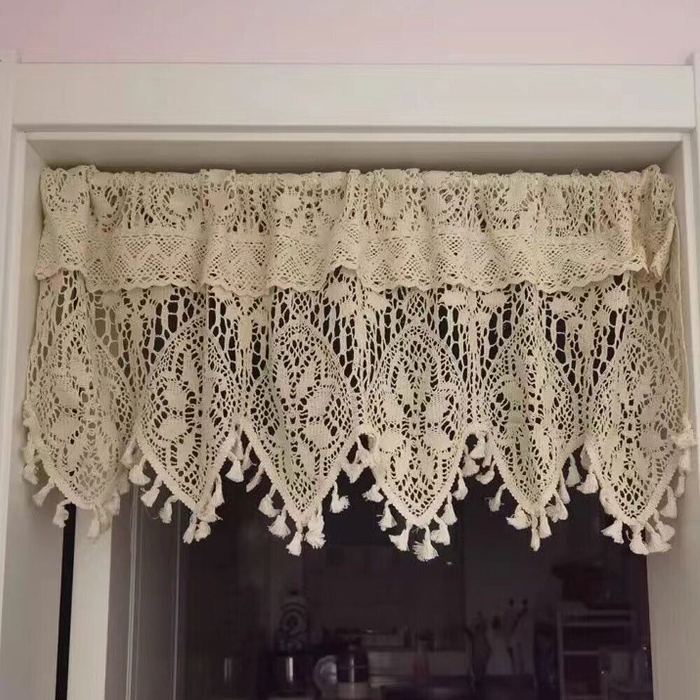 Rustic Crochet Lace Kitchen Window Curtain Valance Cafe Tiers Farmhouse Decor