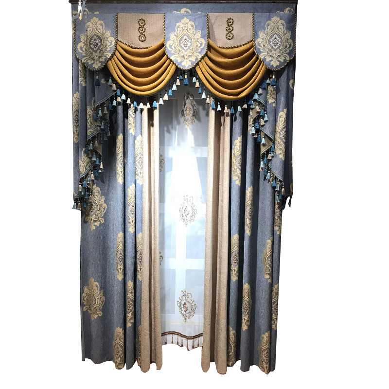 simple Chenille jacquard blue cloth blackout curtain tulle valance drape C1461