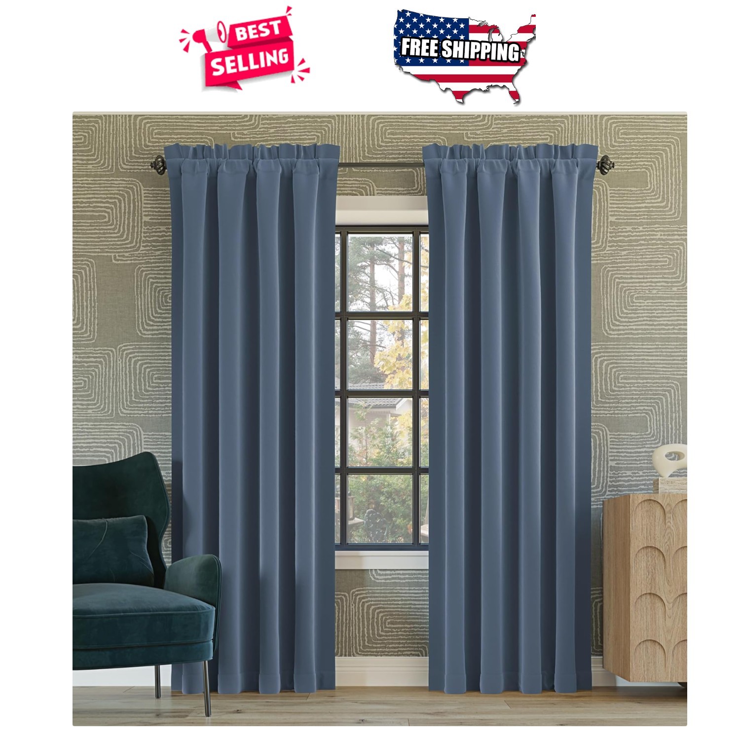 Blackout Curtain Panel 52×84 Denim Blue Rod Pocket Thermal Noise Reducing Drapes