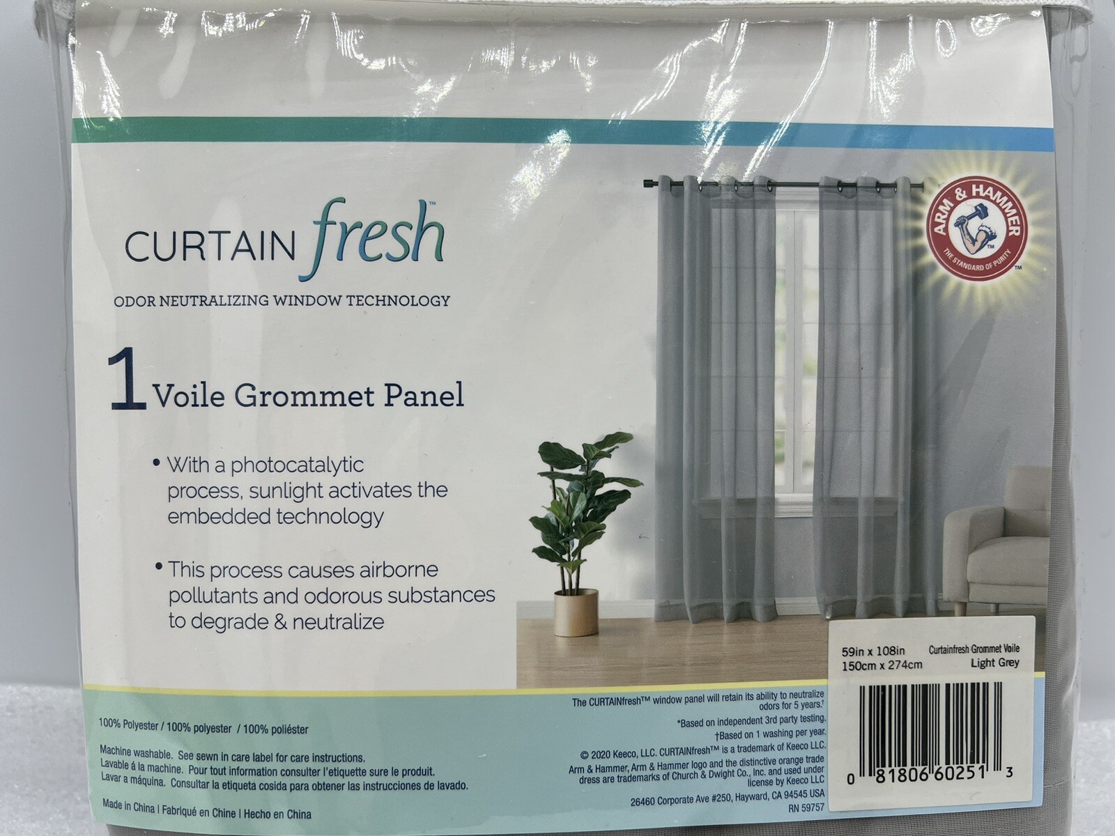 Arm & Hammer Curtain Fresh 59”x108” Sheer Grommet Viole Panel in Light Grey
