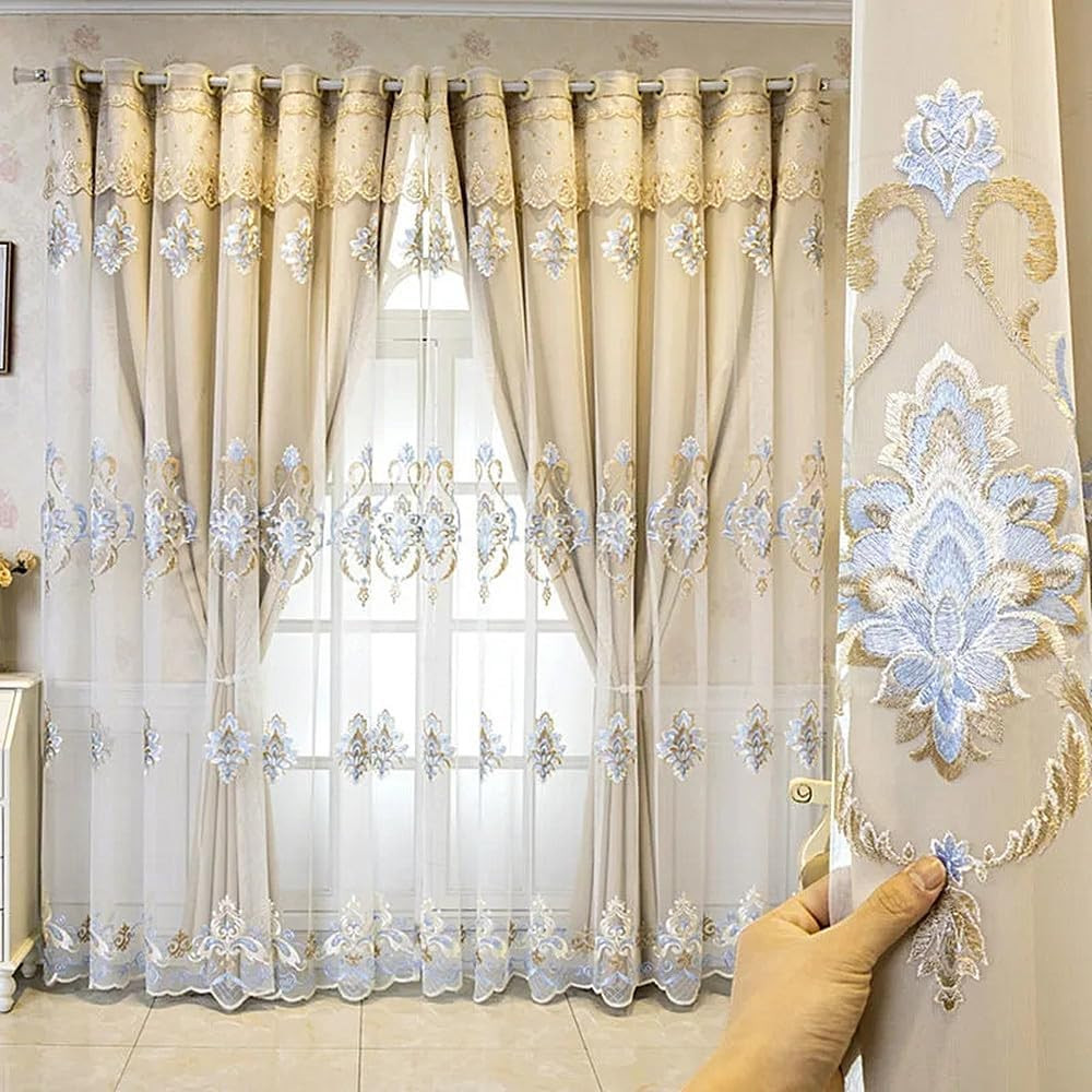 Luxury Jacquard Double Layer Curtains with Valances – Beige 54×84 Inch Pair