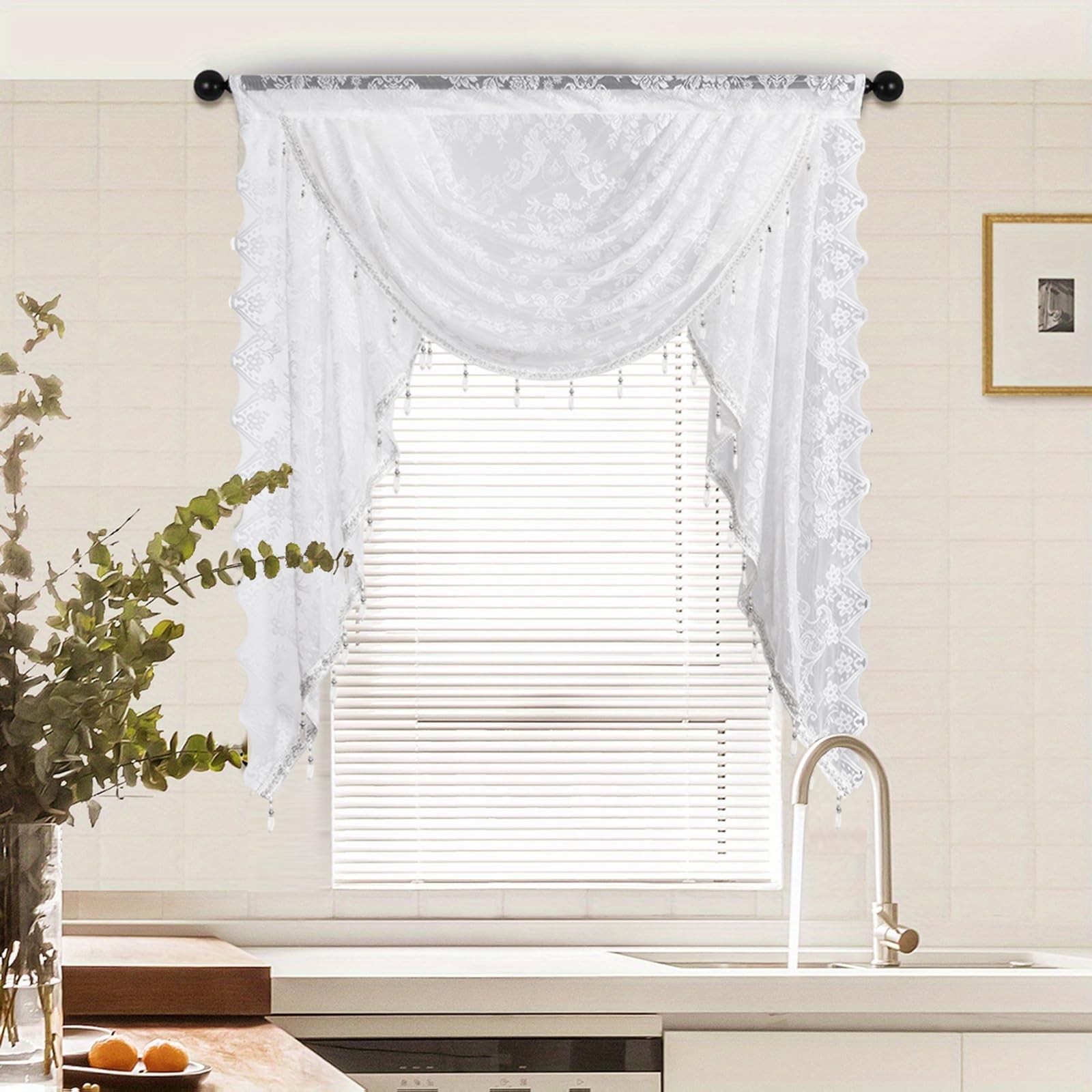 Elegant White Lace Waterfall Valance with Bead Tassels – Floral Embroidered Semi