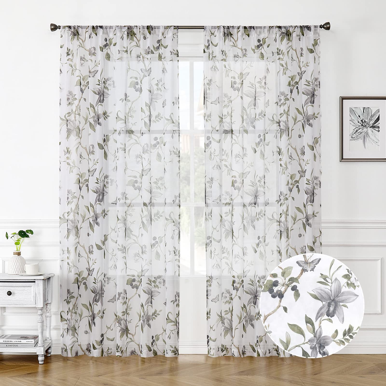 Floral Sheer Curtains Grey Cherry Flower Butterfly Print Bedroom Curtain Rod …