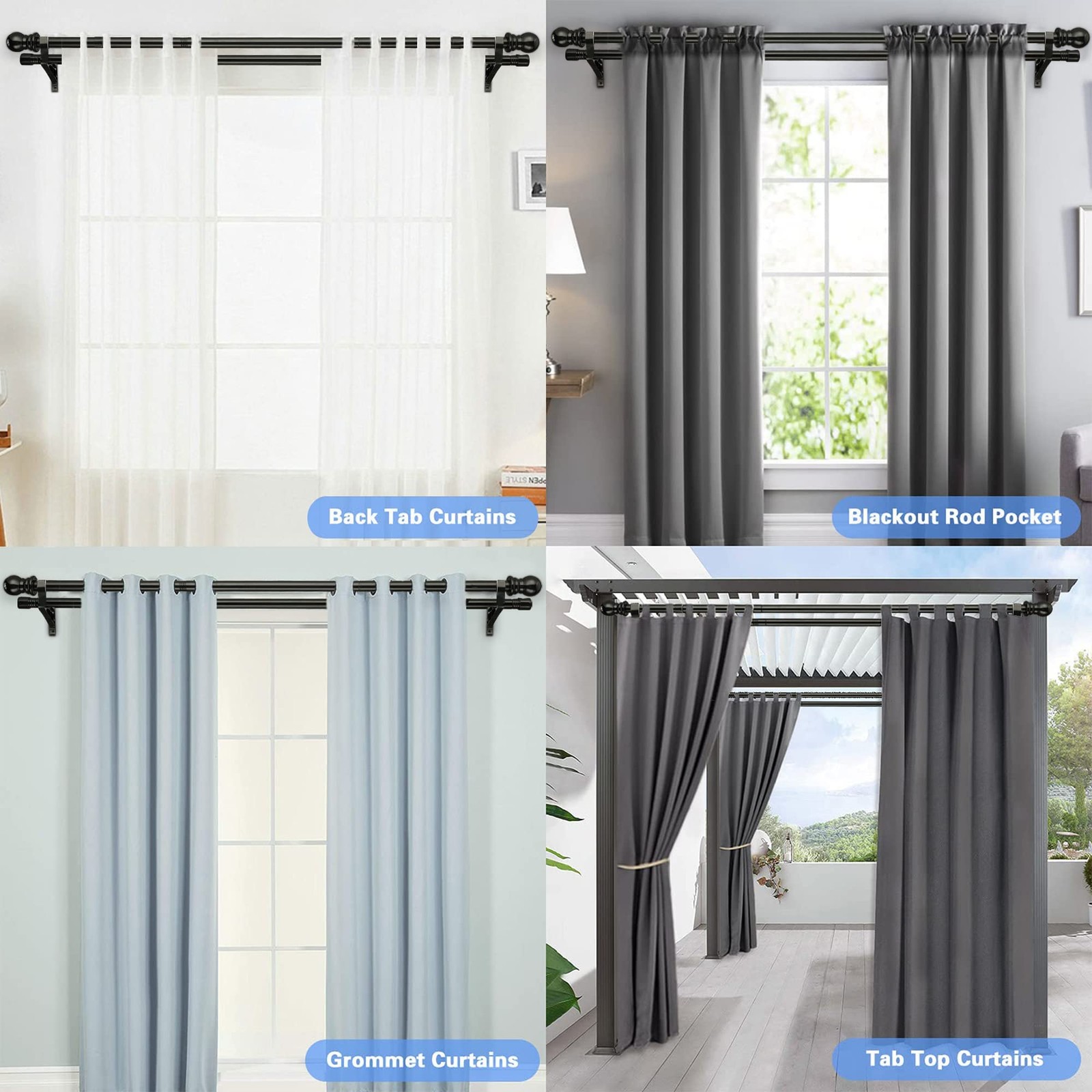 Double Curtain Rod, Blackout Rods for Windows 48 42-84″, Black