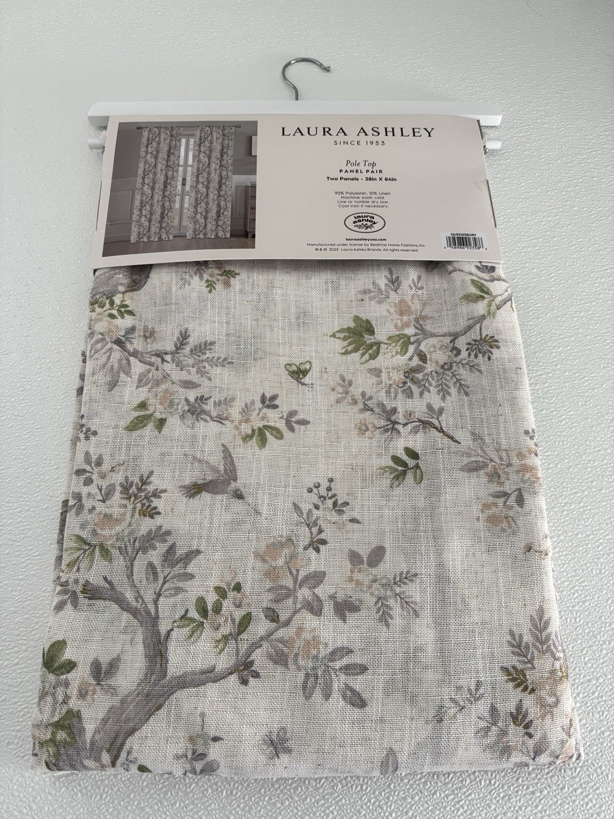 Laura Ashley Window Curtains 2 Panels 38 x 84″ Linen Khaki Gray Cream Pole Top