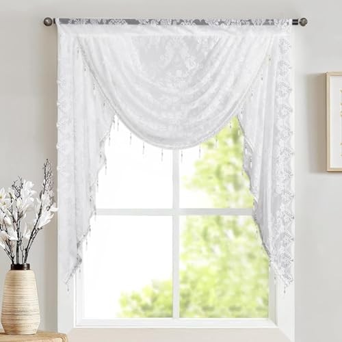 Beaded Waterfall Lace Curtain Valances for 39″W x 41″L (Pack of 1) White