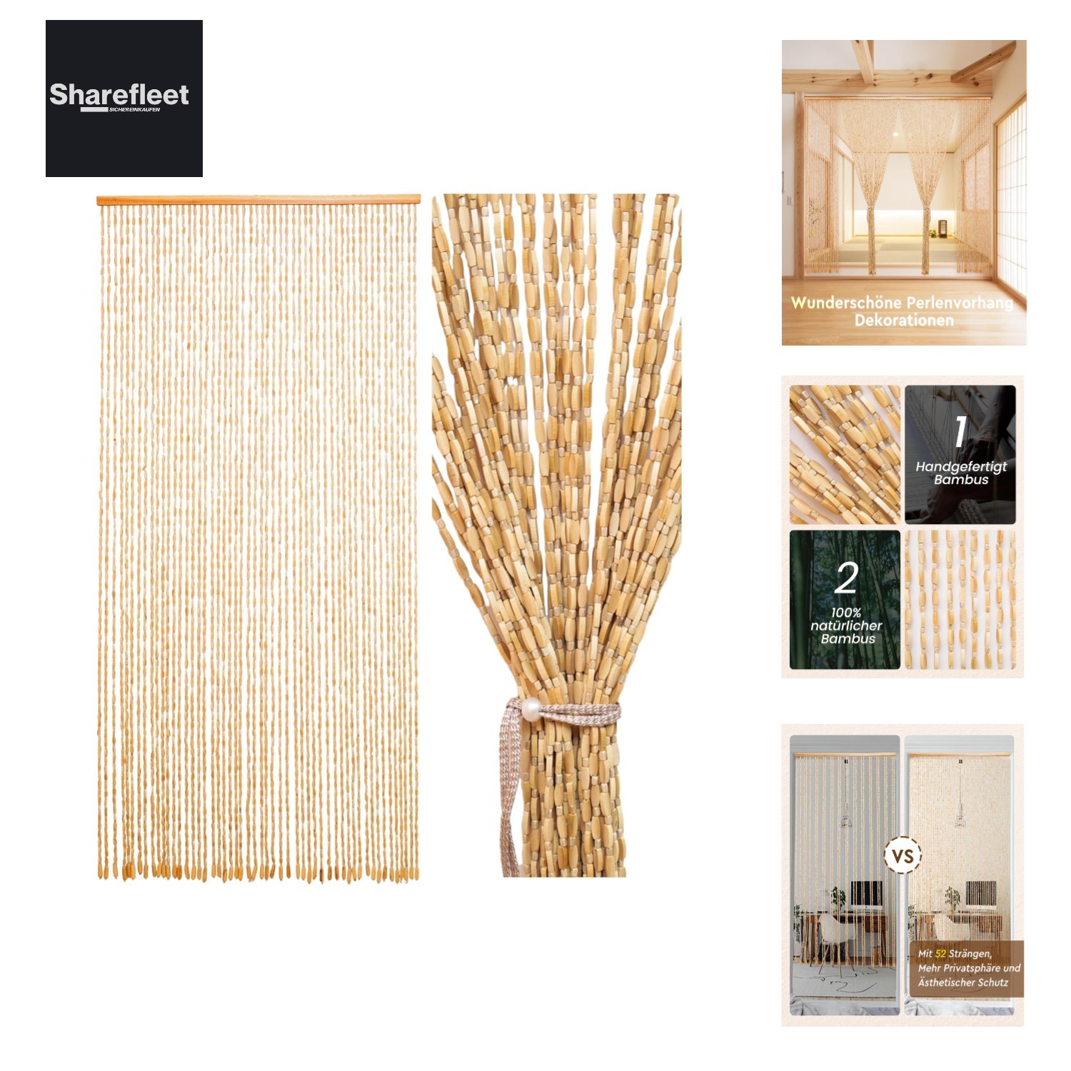 90x200cm Beaded Curtain – 52 Strands Beige Retro Bamboo Beaded Curtain – Handmade…