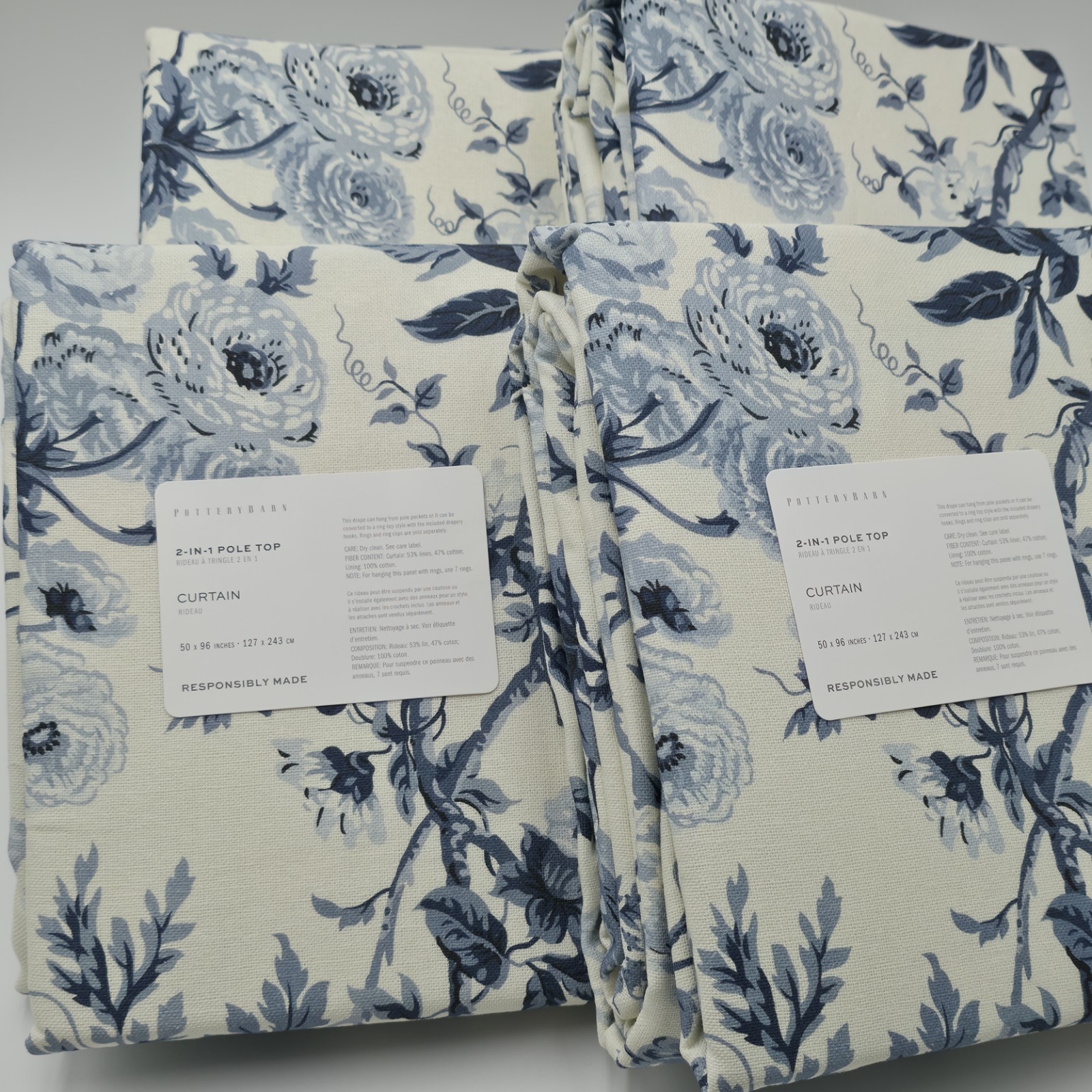 Pottery Barn Garden Floral Set Of 4 Curtains Panels 50×96 New