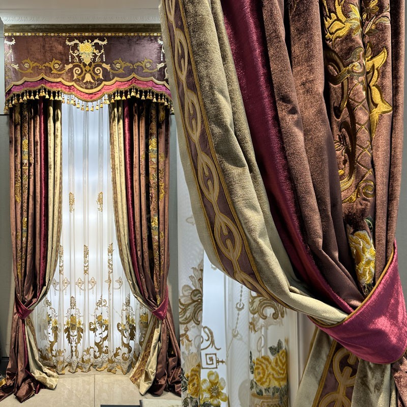 European high villa luxury embroider red lace velvet curtain valance tulle M1739
