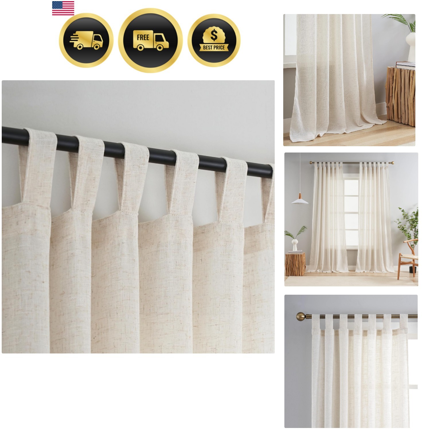 Natural Linen Semi Sheer Curtains Tab Top Light Filtering Elegant Curtains & …