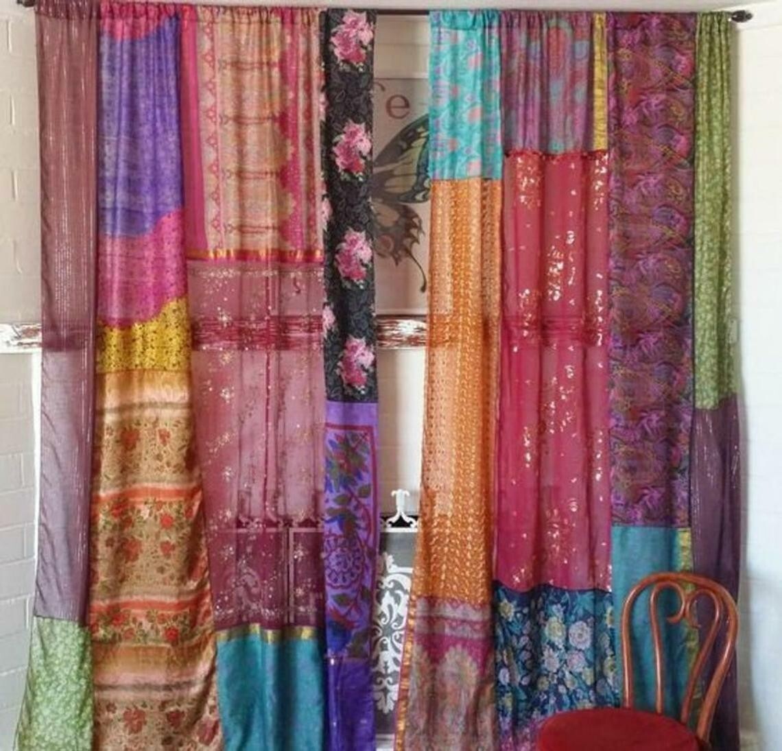 2 Pcs Indian Sari Patchwork Curtain Drape Window Decor Multi Silk Sari Curtain