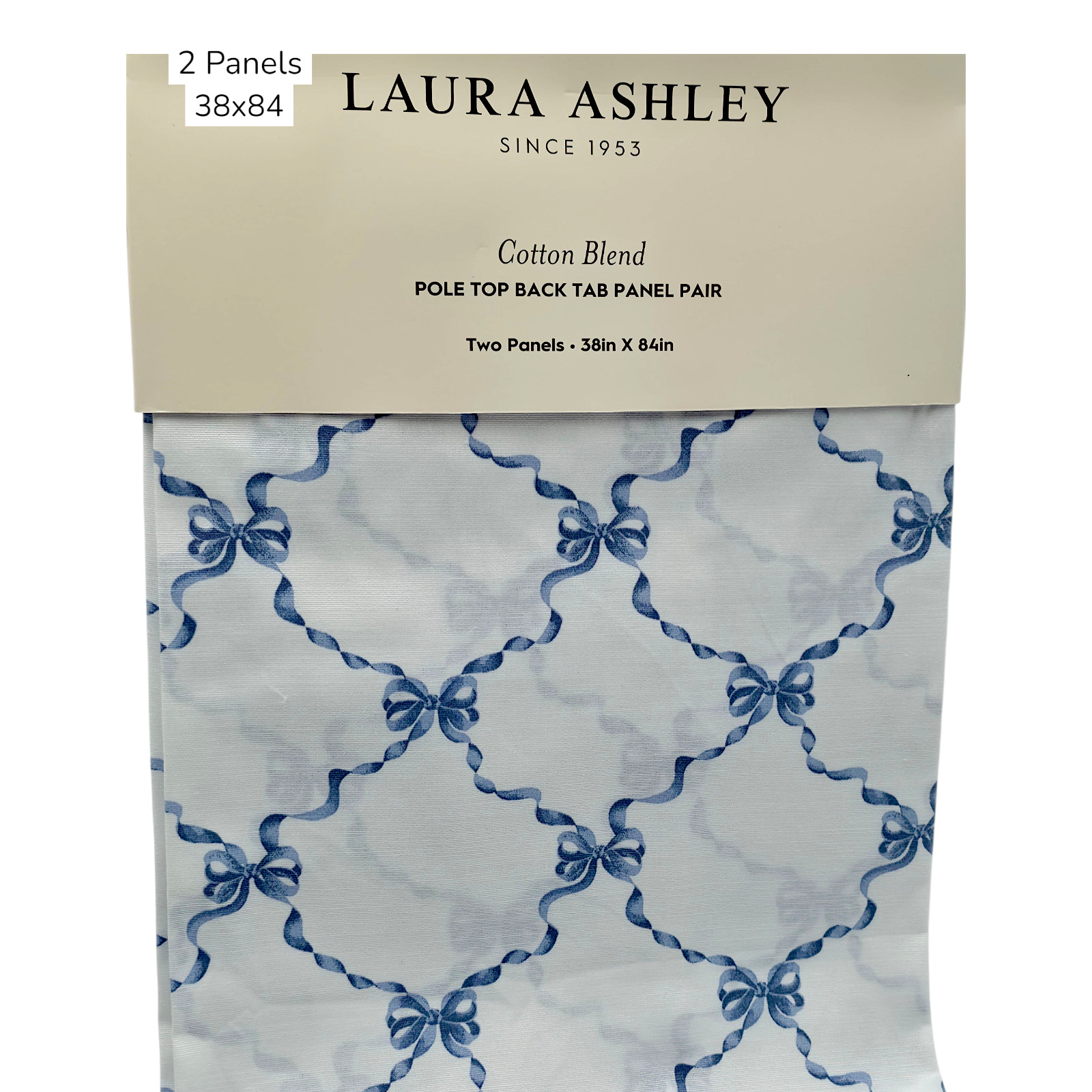 Laura Ashley Set of 2 Curtains Panels 37×84 Blue Bow Ribbon White New Cotton