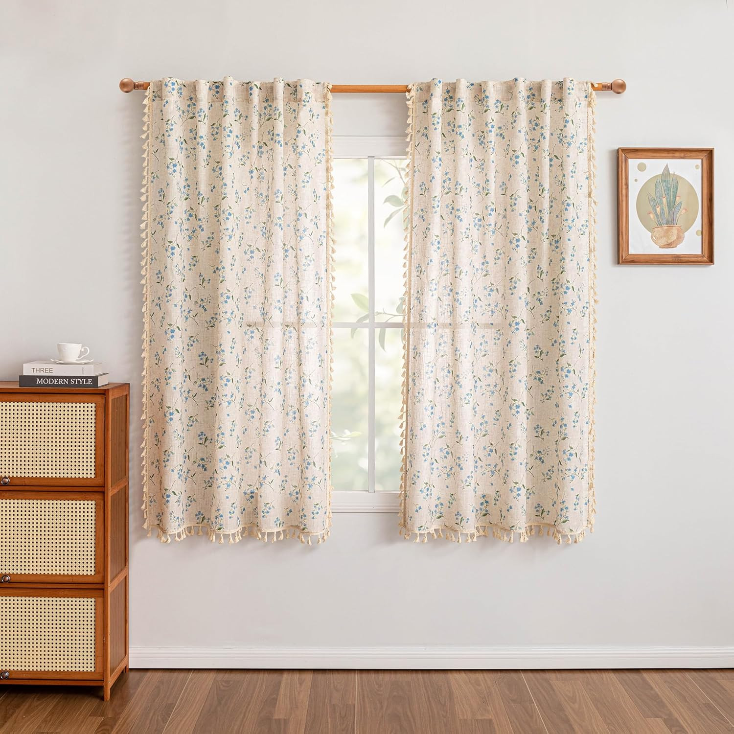 MYSKY HOME Blue Floral Semi Sheer Boho Linen Curtains 63 Inch Length 2 Panels fo