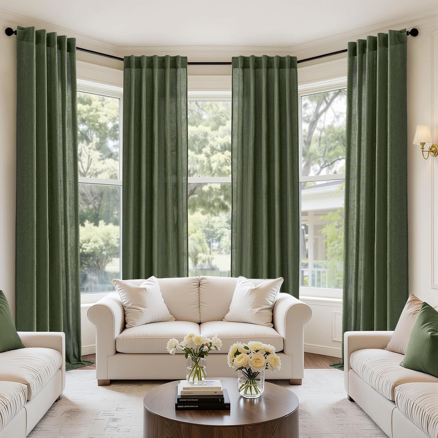 Olive Green Linen Curtains 90 Inch Long 4 Panels Light Filtering Window Drapes