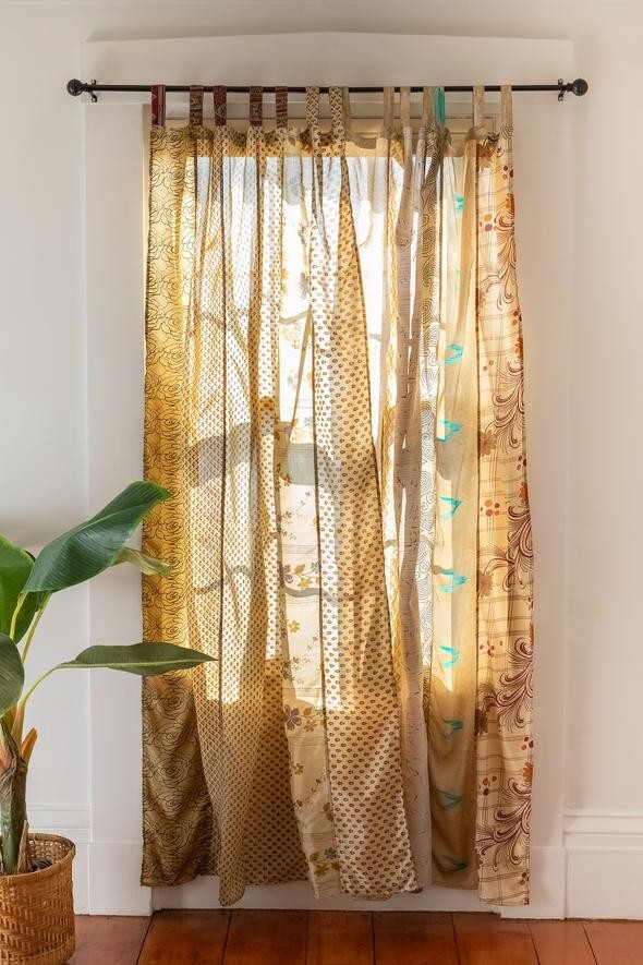 Indian Vintage Sari Patchwork Curtain Drape Window Boho Decor Silk Beige Curtain