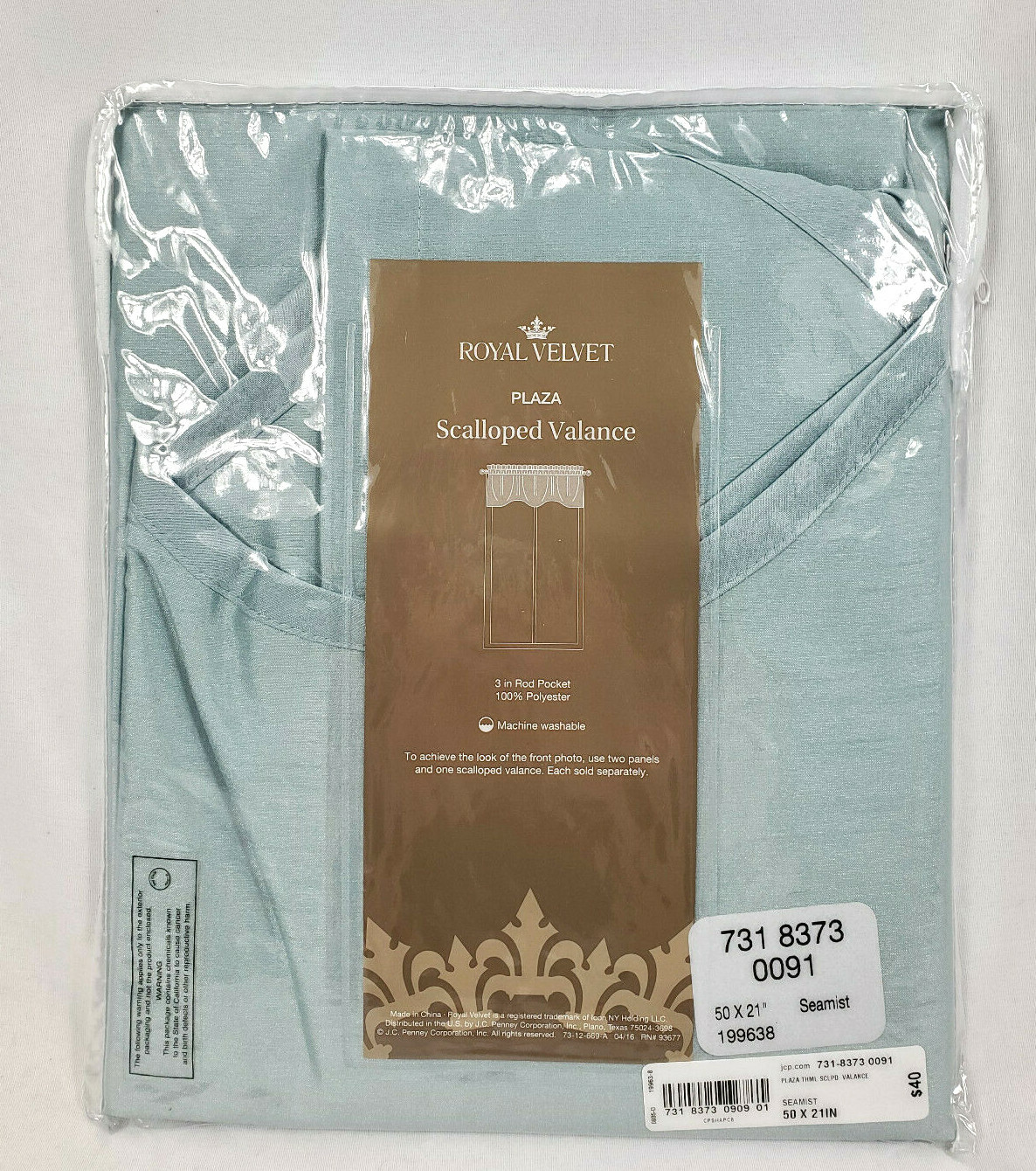 Royal Velvet Seamist Blue Plaza Thermal Lined Scalloped Valance, 50″x21″